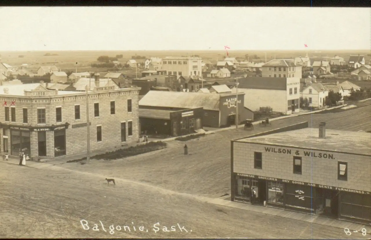 Elevated view of Balgonie's main street and Wilson & Wilson store, about 1910