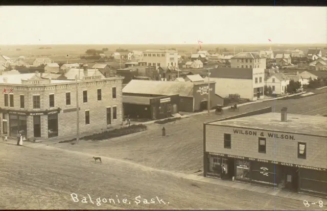 Elevated view of Balgonie's main street and Wilson & Wilson store